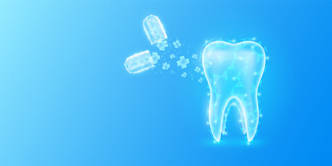 Medical sign symbol blue cross floats out capsule absorbs into the tooth. Emergency medicine first aid and health care innovation treatment. Human organ translucent low poly triangles. Vector.