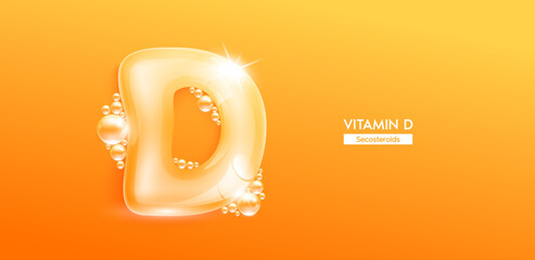 Vitamin D in form water character letter bubble collagen serum. Font type uppercase orange. Solution vitamins complex skin care for cosmetics ads design. Medical concepts beauty nutrition. 3D Vector.