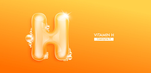 Vitamin H in form water character letter bubble collagen serum. Font type uppercase orange. Solution vitamins complex skin care for cosmetics ads design. Medical concepts beauty nutrition. 3D Vector.