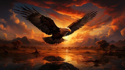 Obraz premium Eagle over the sunset evening sky
