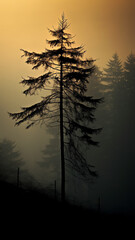 a lonely pine tree in the sunset mist in the mountains, an autumn calm landscape of wildlife, a vertical panorama of the forest