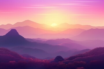 A stunning purple mountain landscape reaching for the radiant sun amid scenic foreground and background. Generative AI