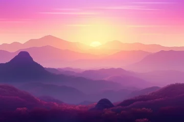  A stunning purple mountain landscape reaching for the radiant sun amid scenic foreground and background. Generative AI © Landon