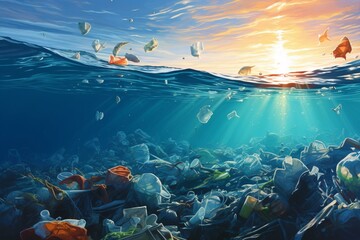 Artistic depiction of plastic garbage floating in the ocean. Generative AI