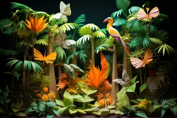 Paper jungle diorama with origami tree, ideal for summer vibes. Generative AI