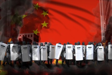 China protest fighting concept, police squad on city street are protecting order against mutiny - military 3D Illustration on flag background