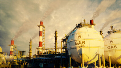 natural gas or LNG storage tanks on refinery plant or processing plant, fictional design - industrial 3D rendering