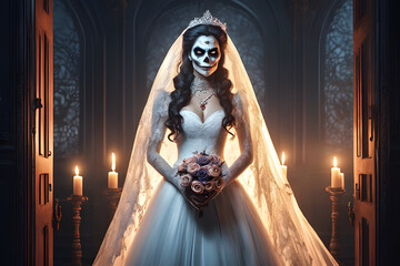 Dead bride for Halloween. Generative AI	
