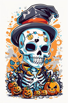 halloween skeleton wearing hat with pumpkins clip art preview