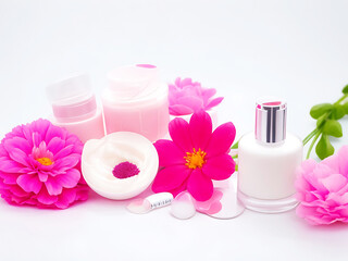 Obraz na płótnie Canvas Cosmetic with flowers natural cosmetics beauty concept modern still life product 