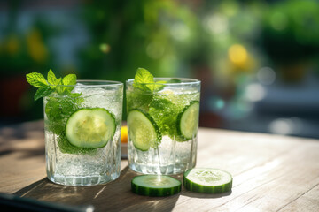 Two glasses, cucumber water on a table, outdoor setting. Refreshing drinks in summer, shallow depth of field, blurry background. 
