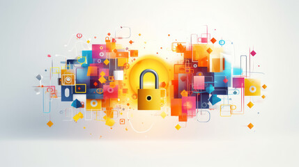 Colourful cybersecurity concept. A lock, securing your life, VPN. Protecting your data. Corporate icons. Vibrant, white background. Unique concept, cyber security software suite.