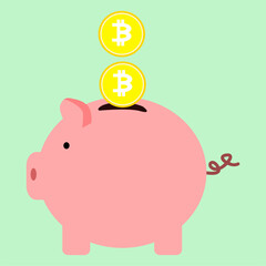 Pig money box with falling bitcoins. Vector flat design banner concept.