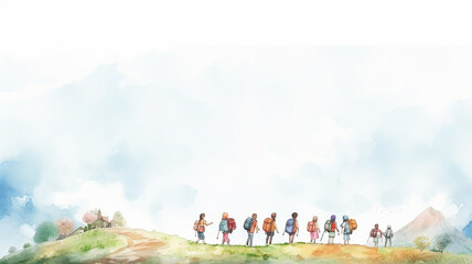 a row of children with backpacks view from the back against a white sky banner poster watercolor painting design back to school camp