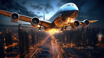 Passenger plane flying over the city