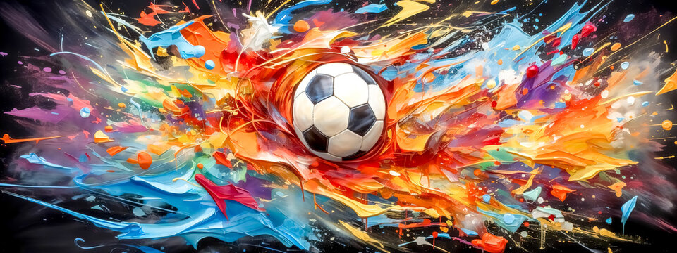 Cartoon Soccer Sport, Football Ball, Art Watercolors Colorful Banner 