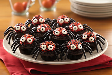 Appetizing and terrifying cupcakes decorated to halloween as spiders with candy eyes