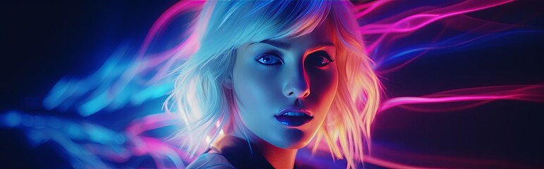 smart attractive stylish female woman confident feeling Portrait of young woman under neon light ,ai generate