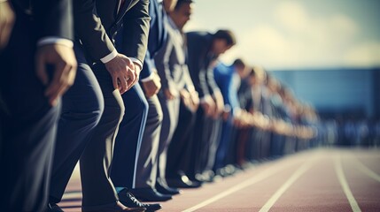 Businessmen on start line of running track Large group of joyful entrepreneurs having fun on a sports race in the office,ai generate;