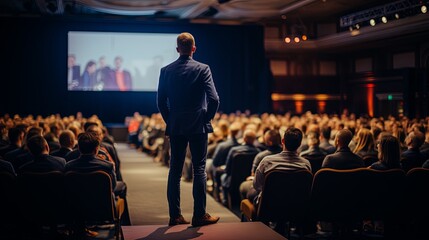 businessman standing hand rise asking question in midddel of seminar convention hall question request from businesman conference attending,ai generate - obrazy, fototapety, plakaty