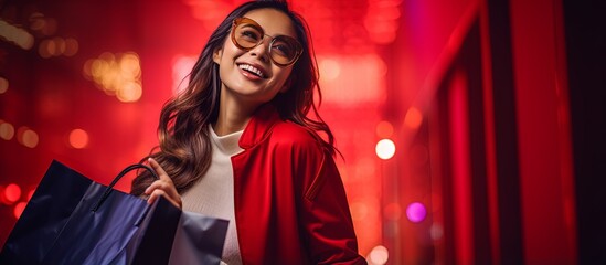 stylish asian female woman hand hold shopping bag enjoy shopping happiness carefree urban city lifestyle woman in well dress positive emotion surprise store promotion shopping concept,ai generate