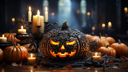 Obraz premium a terrible head carved out of a pumpkin for Halloween with glowing eyes and elaborate carvings