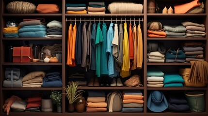 A captivating overhead shot of a well-organized closet, with neatly folded clothes and organized accessories