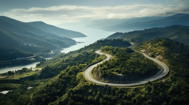 A dramatic overhead shot of a winding mountain road, capturing the scenic views and the winding path ahead