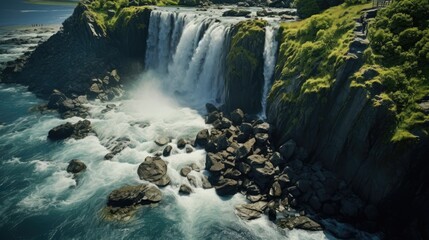 A mesmerizing image of a picturesque waterfall in an overhead shot, with water cascading down surrounded by rocks and vegetation