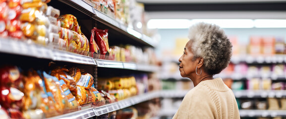 Older woman in a grocery store - obrazy, fototapety, plakaty