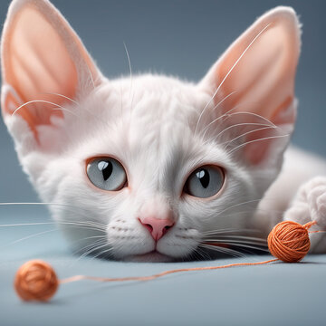 white Cornish Rex lies on the floor, blue background, close-up