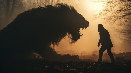 fighting fear silhouette psychology aggression stress monster concept therapy, horror in the forest werewolf