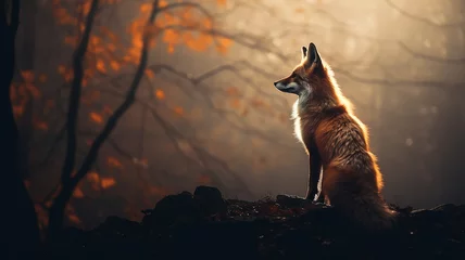 Poster Im Rahmen fox silhouette in misty autumn forest landscape wildlife view © kichigin19