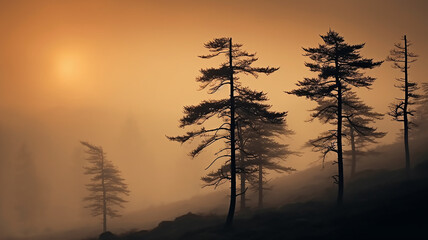 silhouettes of lonely pine trees in the autumn fog at sunset, freedom and silence of nature wild forest in sunset colors