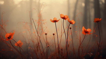 Obraz premium wild flowers, landscape in the mountains autumn fog on the field in the morning