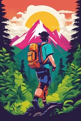 artwork of t-shirt graphic design, flat design of a trekker in the lush forest, mountains