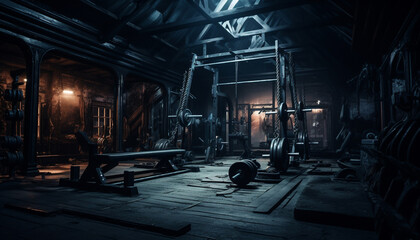 Gym's Edge: Dark Background Setting with Barbells and Machines