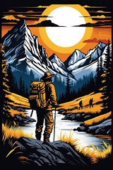 artwork of t-shirt graphic design, flat design of a trekker in the lush forest, mountains