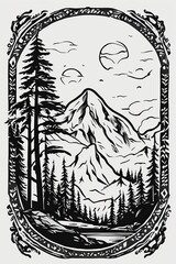 artwork of t-shirt graphic design, flat design of a trekker in the lush forest, mountains