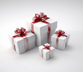 Obraz premium White Gift Boxes with Red Ribbon on White Studio Background