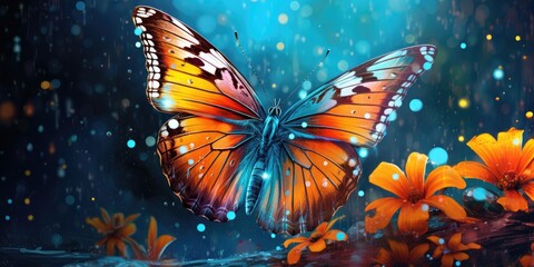 illustration of colorful butterfly with flowers in the rain, generative AI