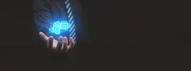 Individuals with artificial intelligence brain holograms or AI, business people use AI technology...