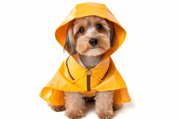 Yorkshire Terrier in a raincoat isolated on white background