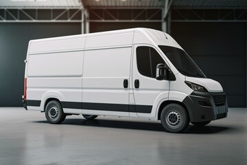 Side angle of white delivery van against blank backdrop ideal for mockup purposes. Generative AI