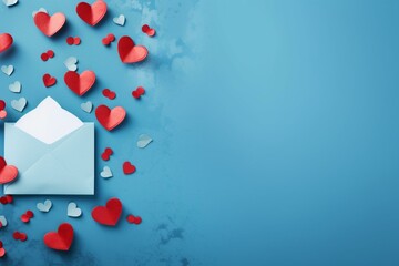 Envelope with hearts inside on blue Valentine's Day background. Generative AI