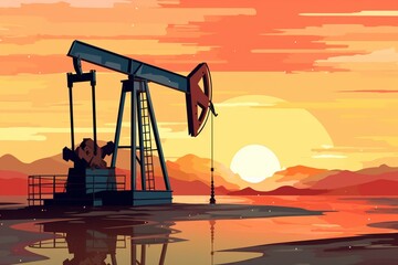 Illustration of a sunset silhouette of an oil well. Generative AI