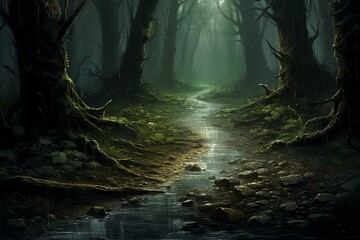 A wet forest path. Generative AI
