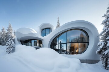 Contemporary whimsical architecture amidst snowy terrain. Generative AI