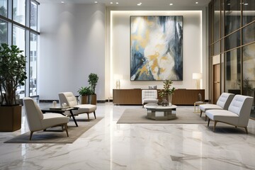 Contemporary reception area with decorative sales gallery, white marble flooring, table, chairs, and a well-lit lobby. Generative AI