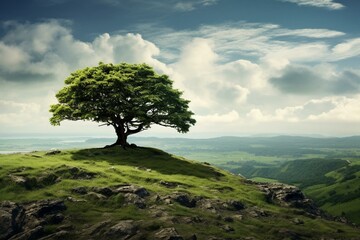 Beautiful solitary tree atop lush hill. Crafted using technology. Generative AI - Powered by Adobe